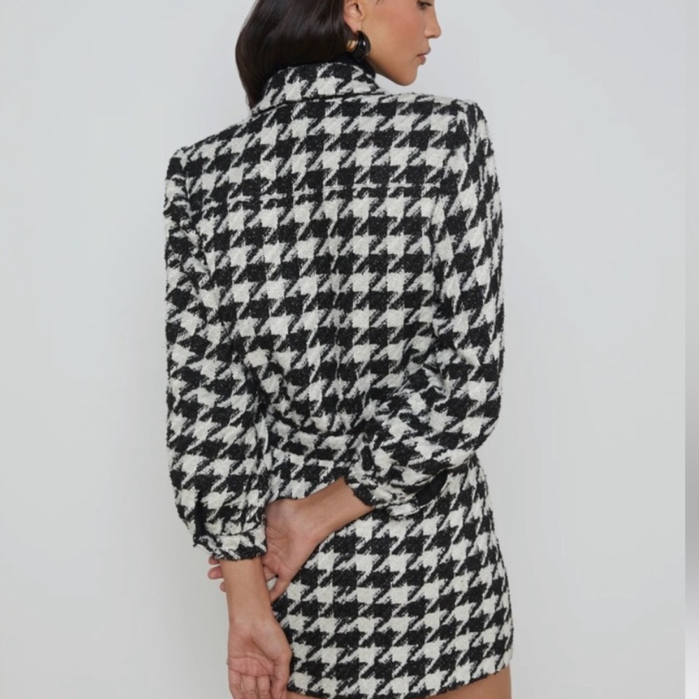L’Agence Bridges Crop Metallic Woven Black White Houndstooth Blazer Jacket 8 - Picture 3 of 10